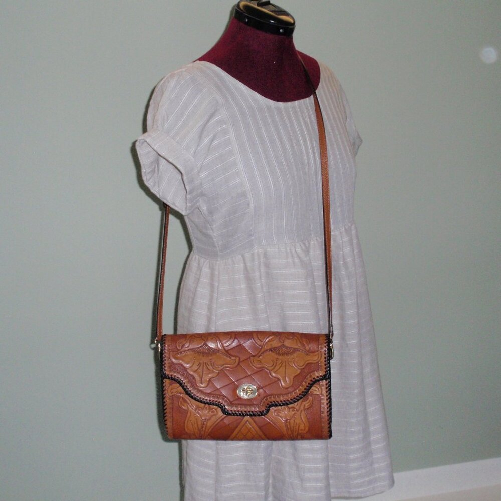 Vintage Hand Tooled Leather Brown Crossbody Bag